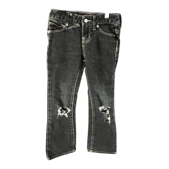 Old Navy Girls Black Boot Cut Denim Jeans Size 6 Adjustable Waist Distressed - Picture 8 of 12